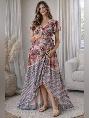 Hope & Ivy Kaimana Floral Maternity Wrap Maxi Dress Pink Boho Dress Sz 10